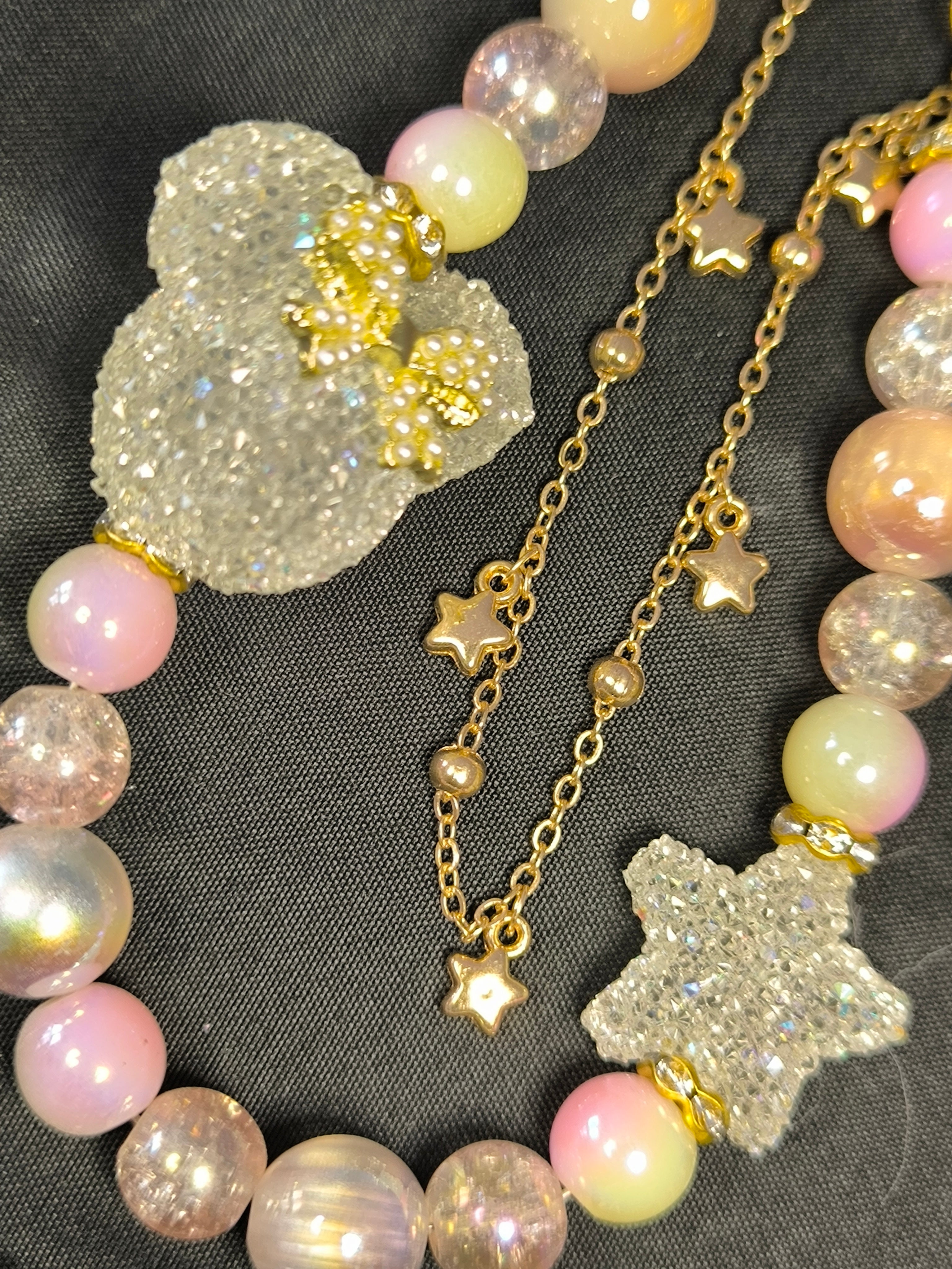 Bijou de téléphone & porte-clés fait main – Mickey, Étoile & Perles dorées