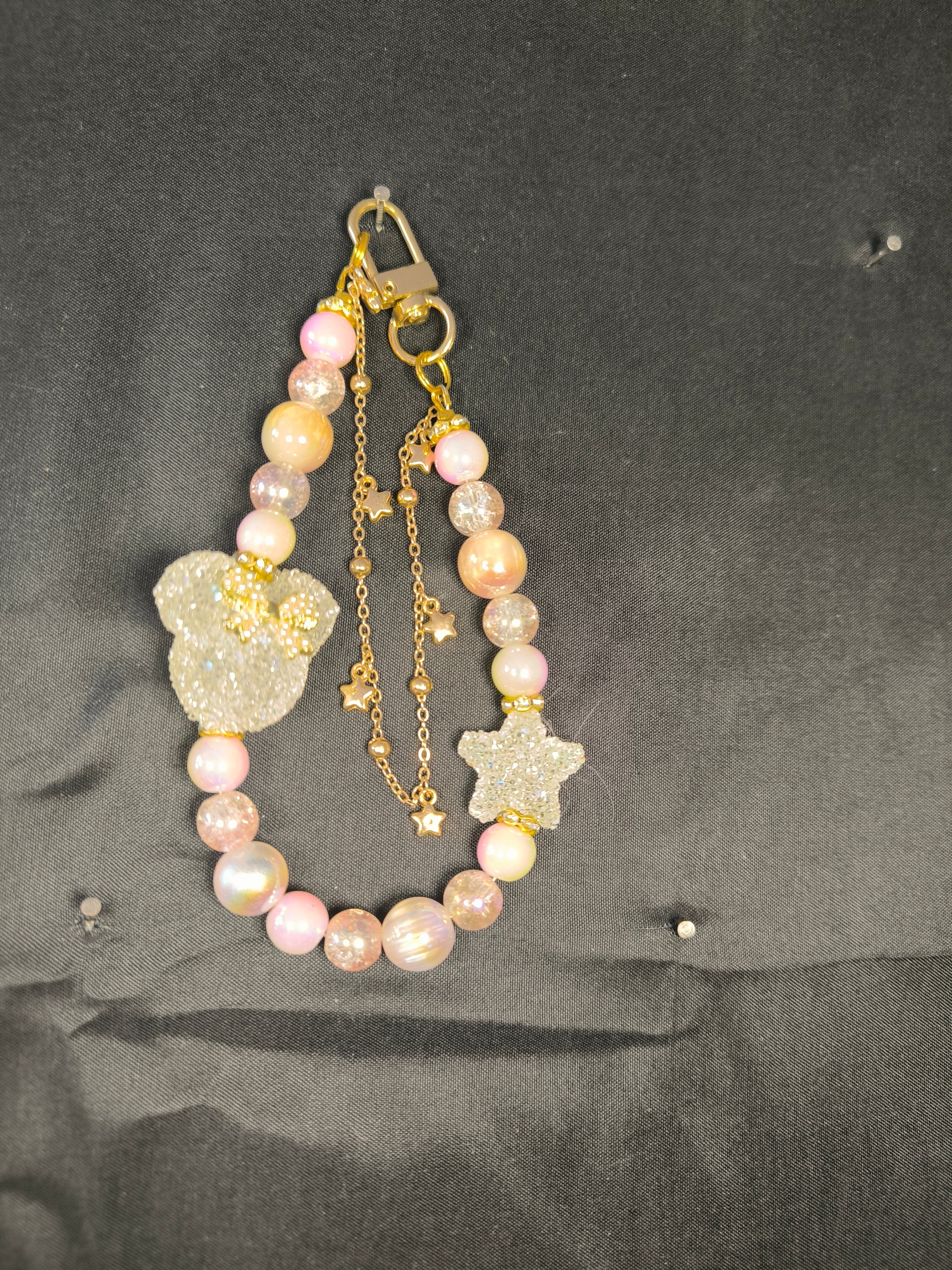 Bijou de téléphone & porte-clés fait main – Mickey, Étoile & Perles dorées